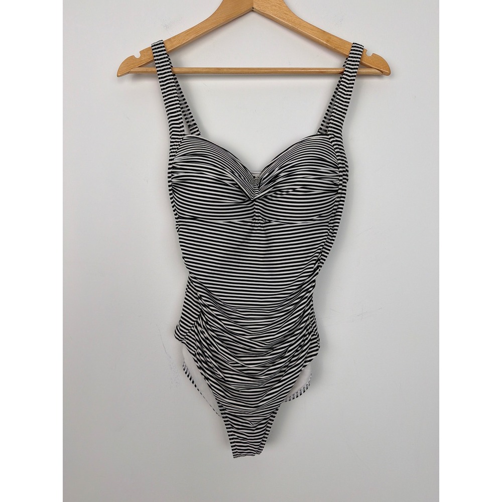 Niptuck Swim One Piece Swimsuit Small Black White Striped Ruched Nautical Retro